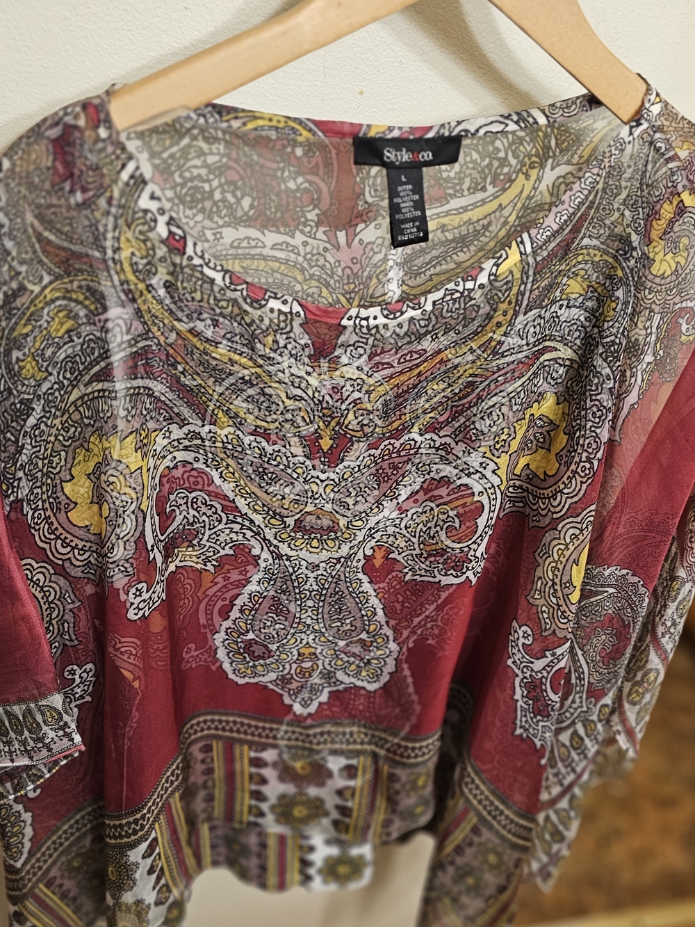 Style & Co. Burgundy Paisley Scoop Neck Tunic with Yellow Accents